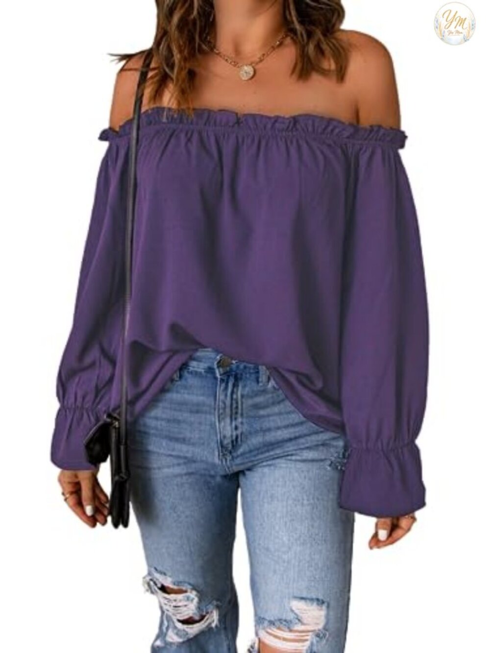 Womens Off Shoulder Chiffon Blouse Ruffle Long Sleeve Loose Top